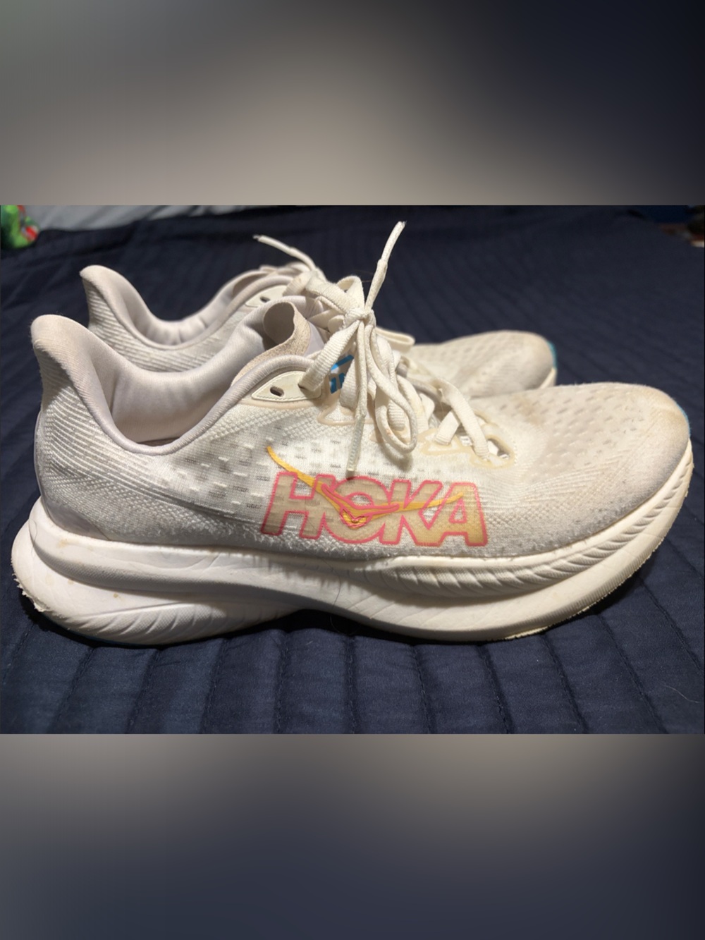 Hoka Women's Mach 6 White Running Sneakers 8.5B with Pink and Yellow Logo